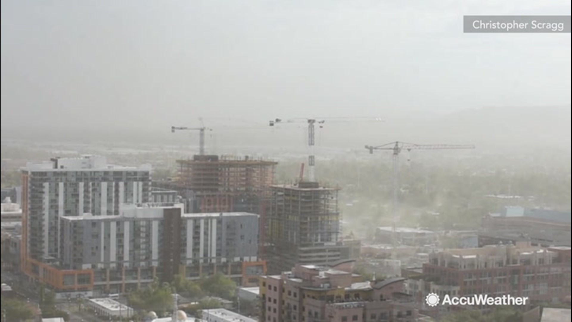 Gusty thunderstorm winds blew through Phoenix, Arizona, on September, 14, 2019, making construction cranes sway and lowering visibility across the city.