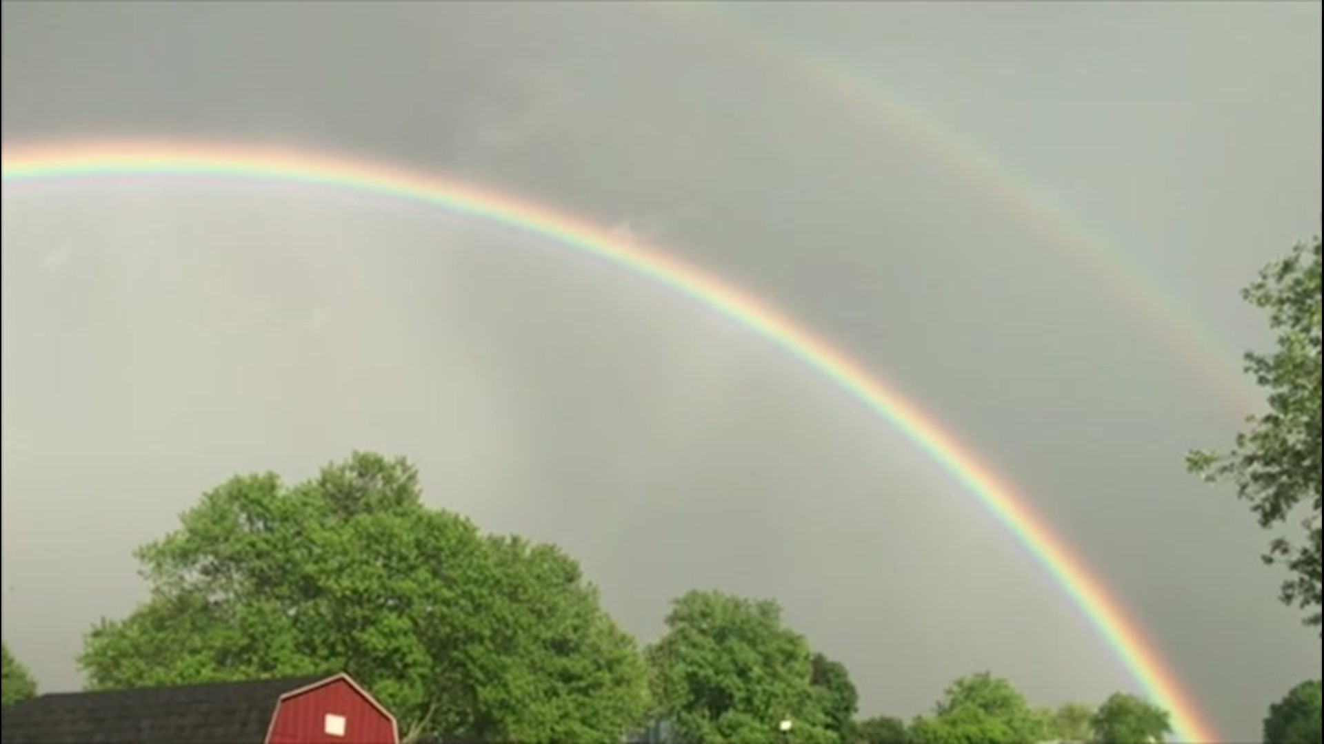 A spectacular rainbow appeared in Houserville, Pennslyvania, on May 28, minutes after heavy rain ceased from a strong thunderstorm.