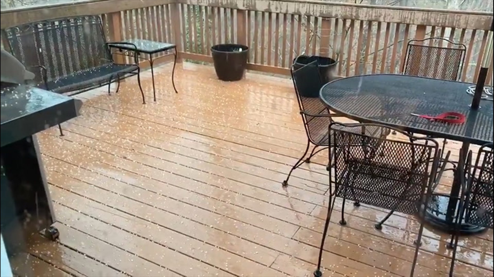 Some pea-sized hail pelted this porch in Charleston, West Virginia, on Wednesday, April 8.
