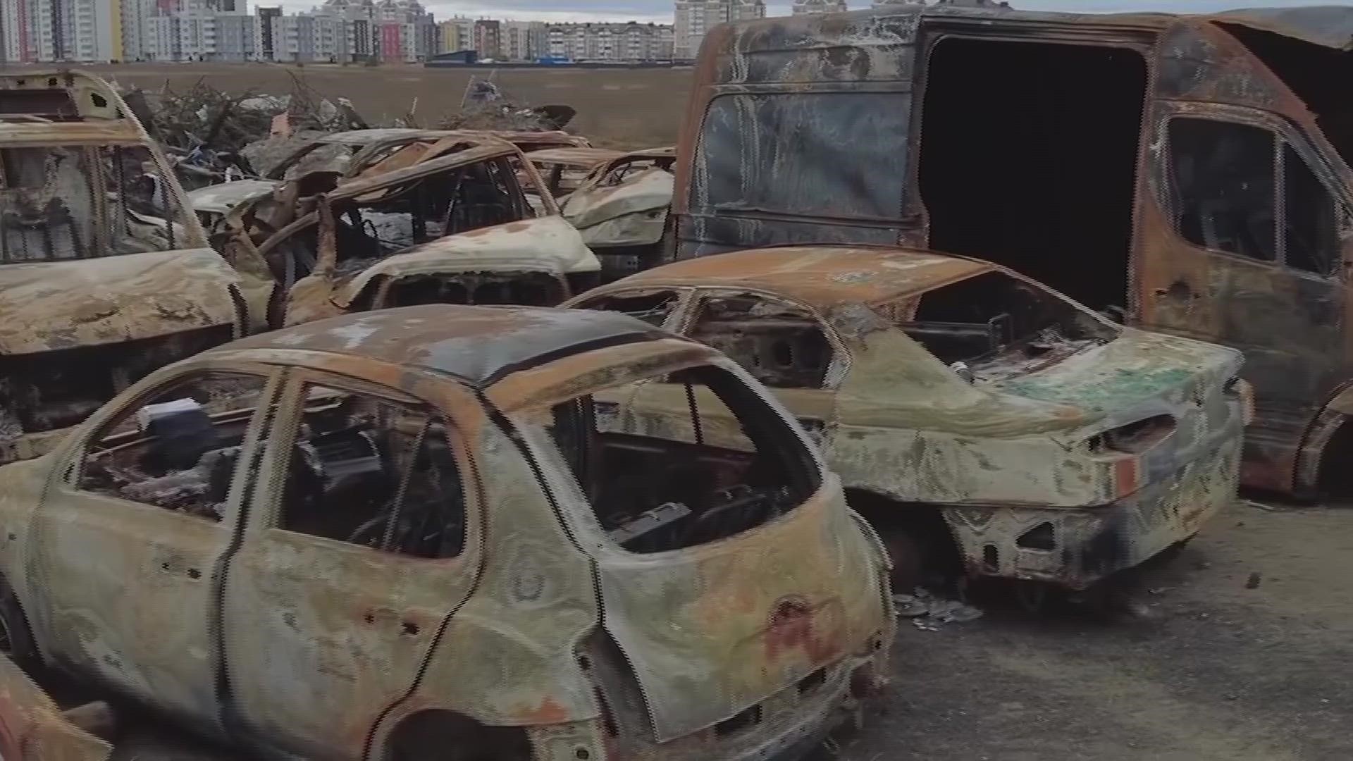 A vacant lot in the Ukrainian city of Bucha has become a cemetery for cars and other vehicles destroyed during the Russian occupation.