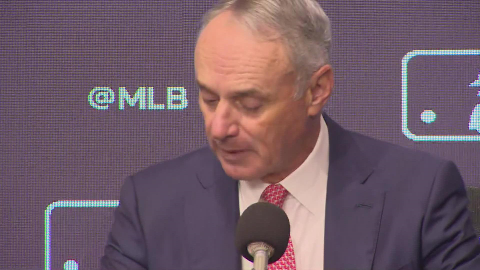 Hours into MLB's first work stoppage in 26 years, Commissioner Rob Manfred said the union's proposal for greater free agency would hurt small-market teams.