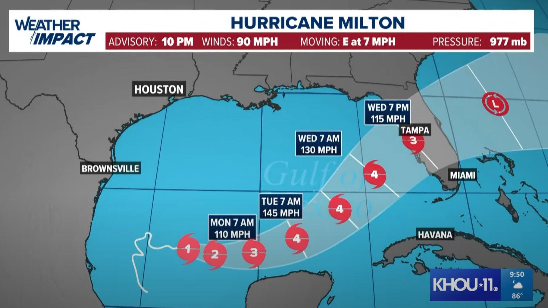 The storm continues to intensify as it moves across the Gulf of Mexico. It's expected to strengthen to a major Cat. 4 hurricane before reaching Florida.