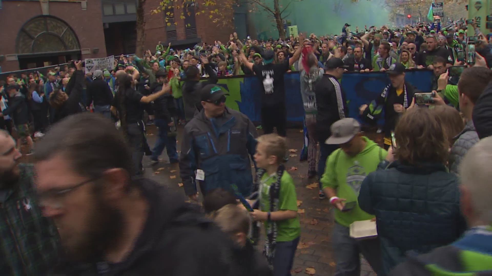 Sounders FC fans gathered in Pioneer Square and then marched to CenturyLink Field for the MLS Cup Sunday.