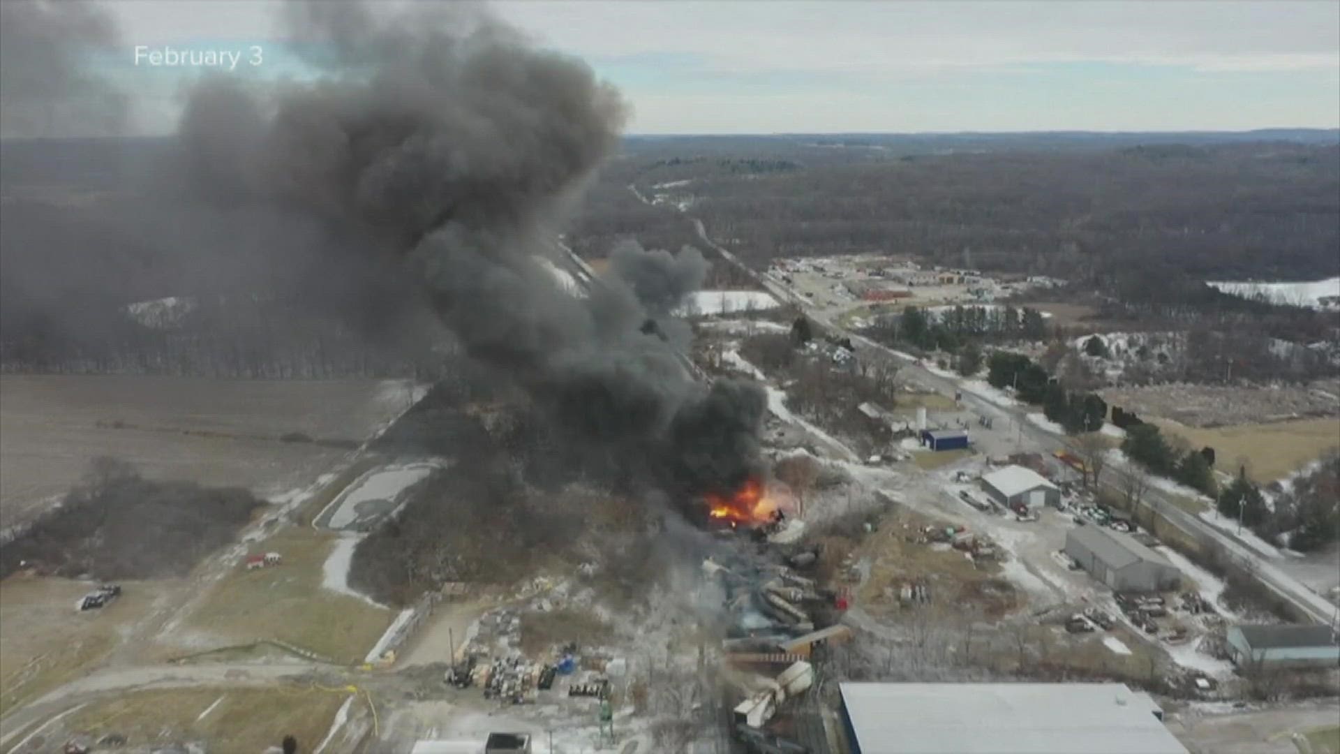 The derailment spilled chemicals into the air and into nearby rivers.