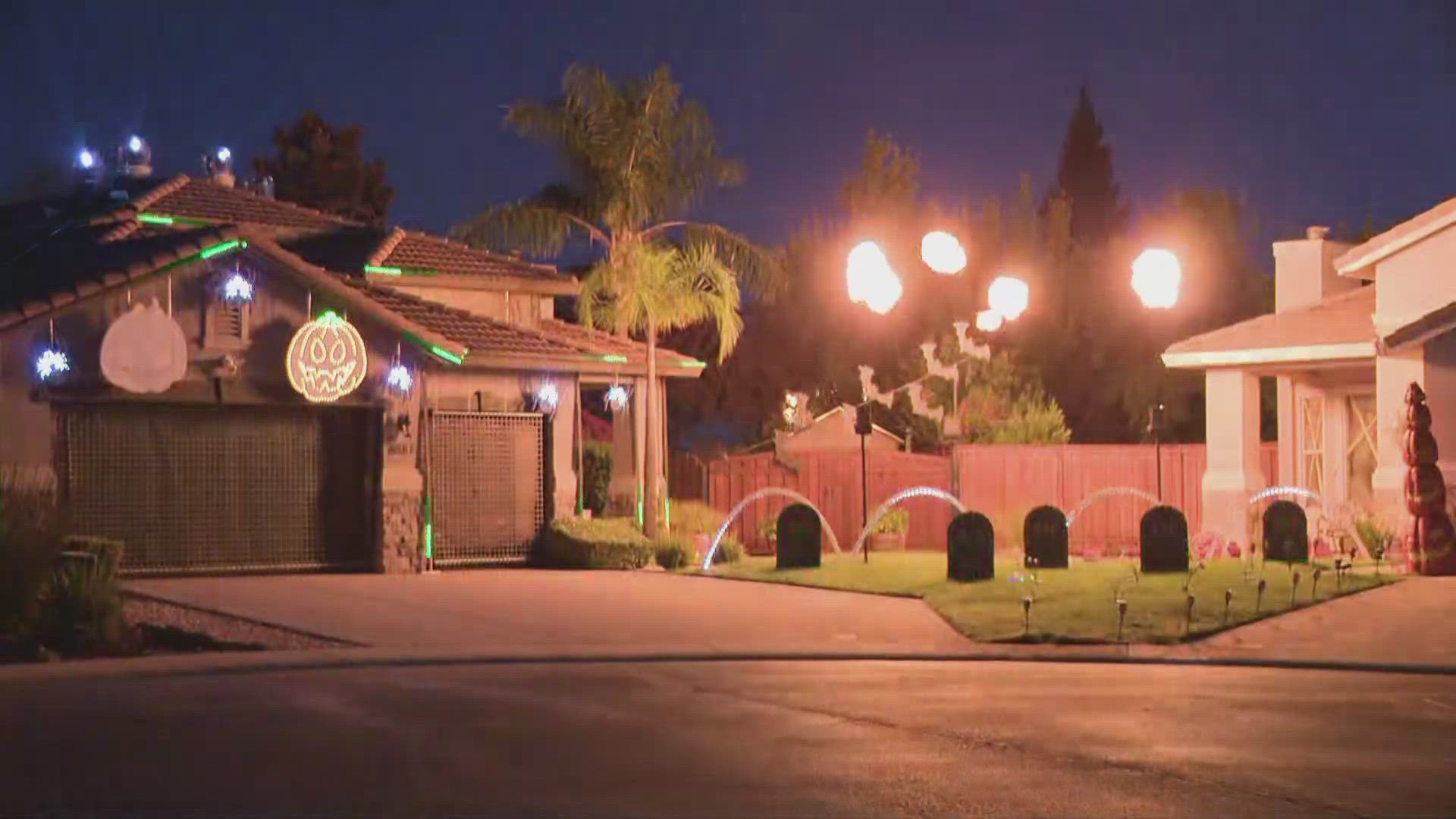 Rocklin man lights up the neighborhood with Halloween decorations.