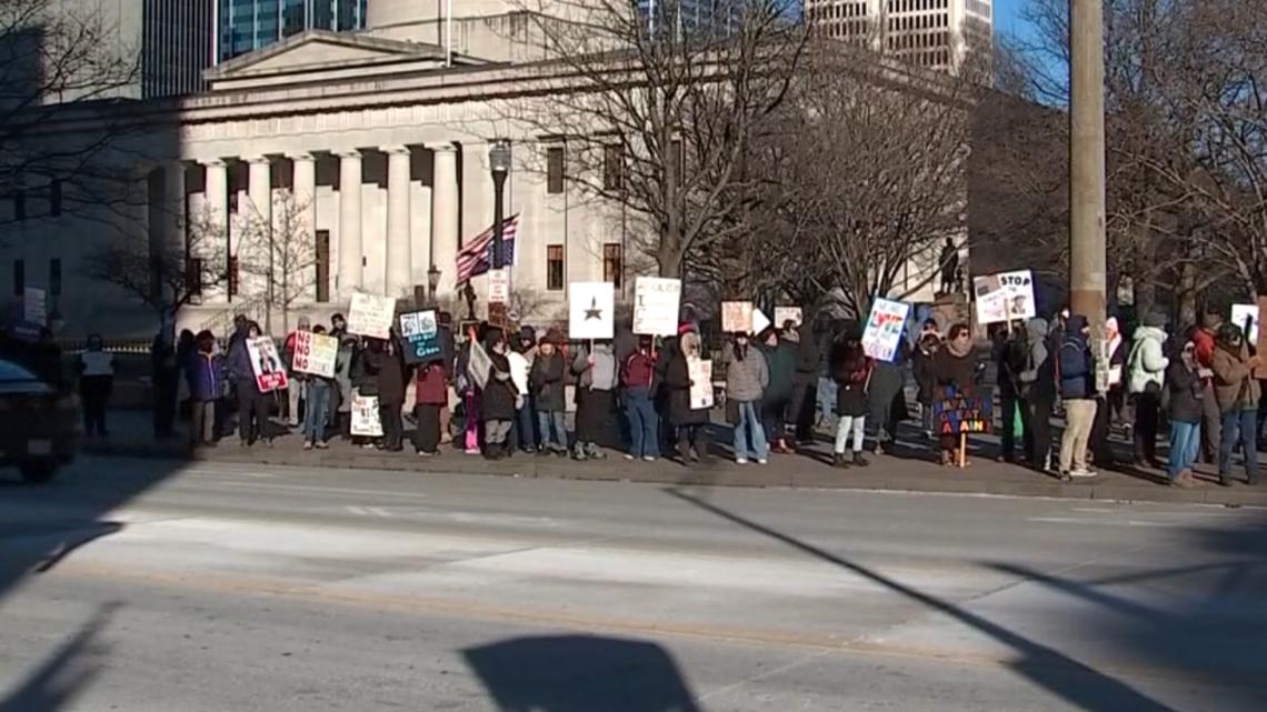 Protesters rally outside Ohio Statehouse against Trump policies on first anniversary of second term