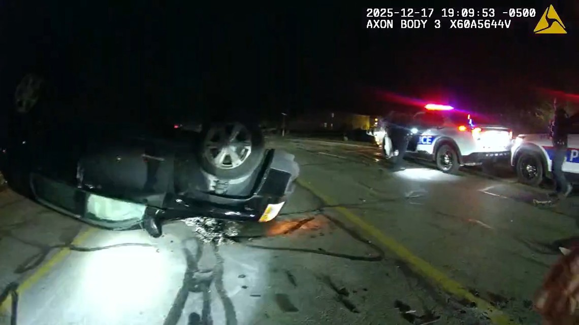 Bodycam video shows Ohio police officer nearly struck by driver while responding to crash