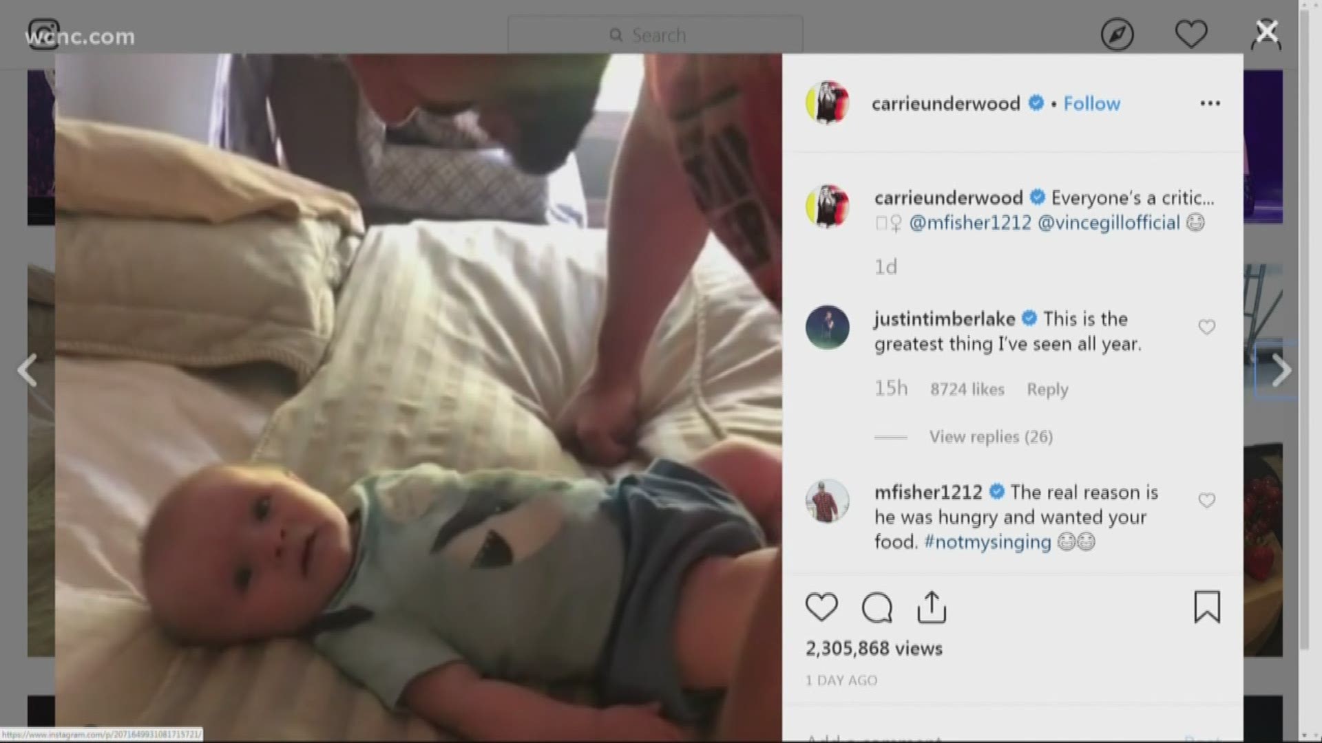 Country music star Carrie Underwood shared an adorable video on Instagram of her 5-month-old son Jacob's reaction to her singing compared to when his dad, Mike Fisher, tried to soothe his crying.