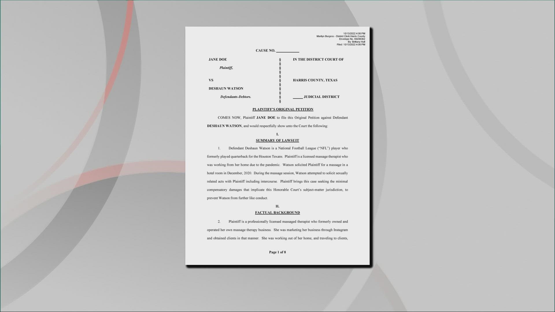 Watson is currently serving an 11-game suspension after settling 23 similar complaints. Two new attorneys are representing the plaintiff in this latest case.