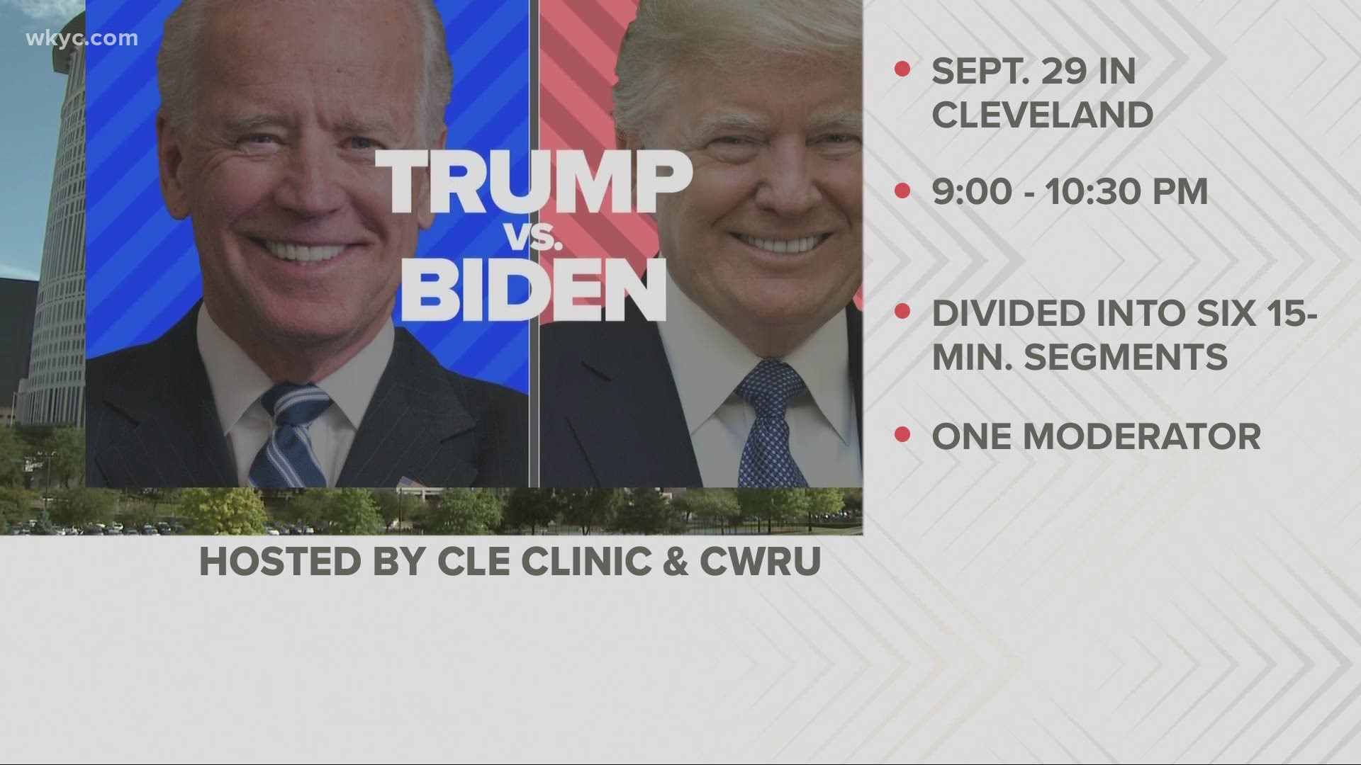 The debate will take place in Cleveland September 29. The debate will be 90 minutes long and go from 9 to 10:30 p-m. It will be divided into six, 15-minute segments.