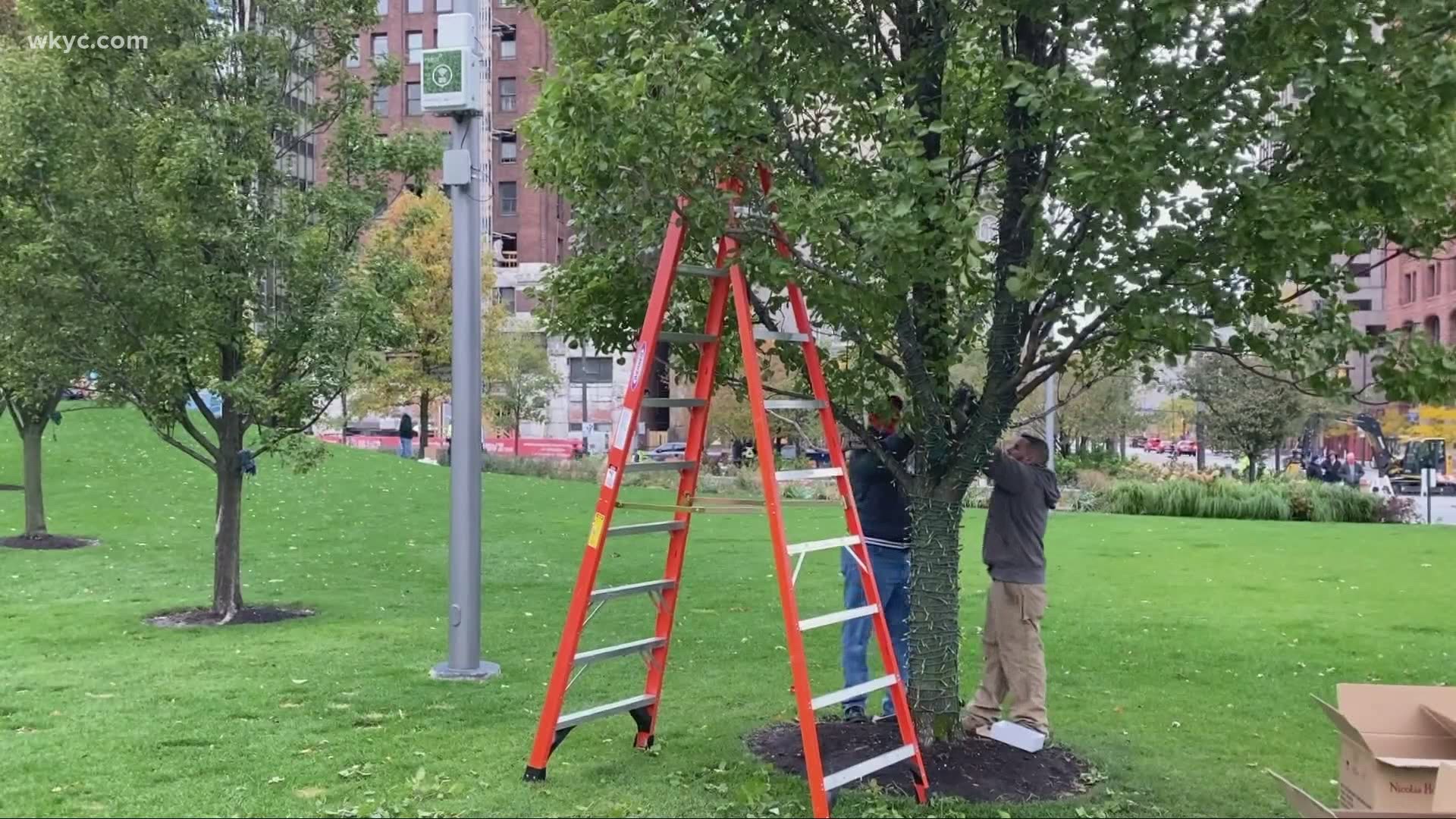We found crews putting up Christmas lights earlier today around the trees in downtown Cleveland.  Cleveland is already getting in the Holiday spirit.