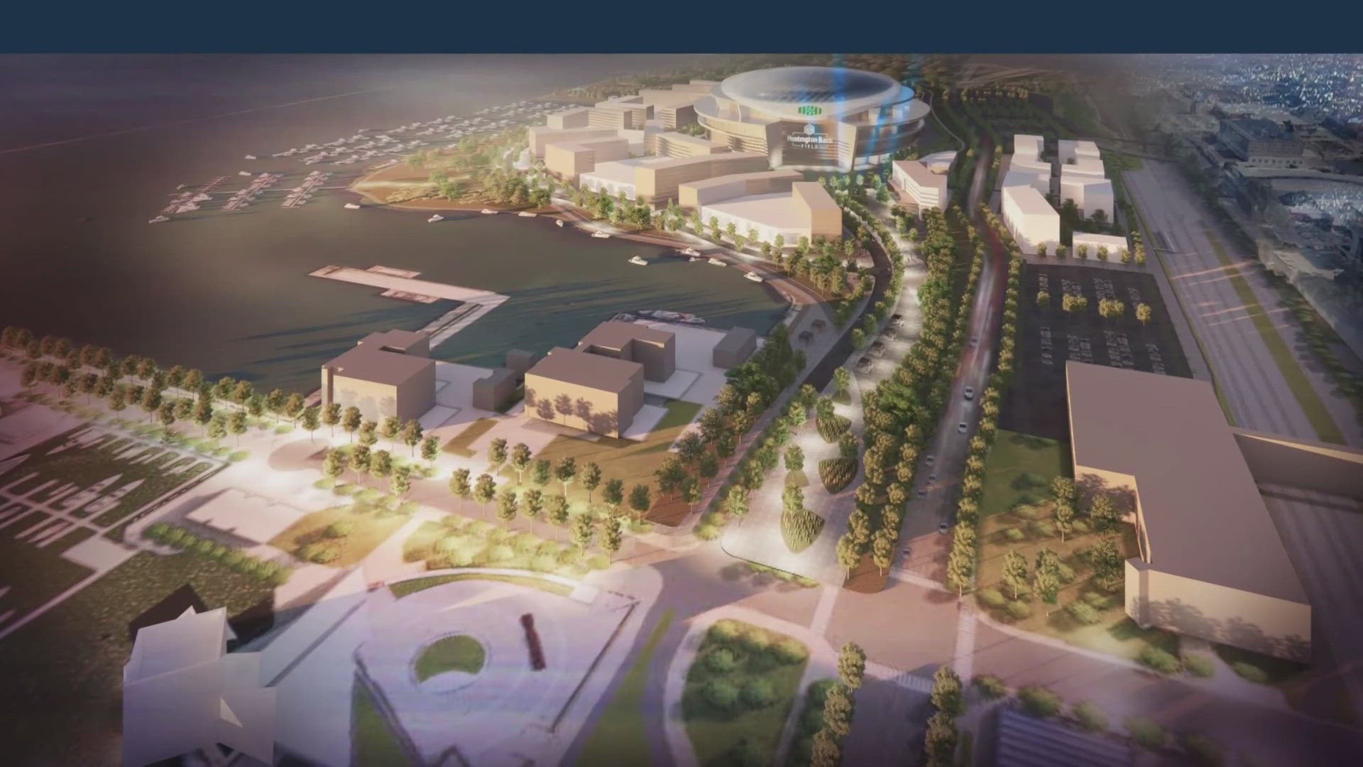 Renderings show plans for a 70,000-seat domed stadium, hotels, retail, parking, and residential area at the site of the current Burke Lakefront Airport. 