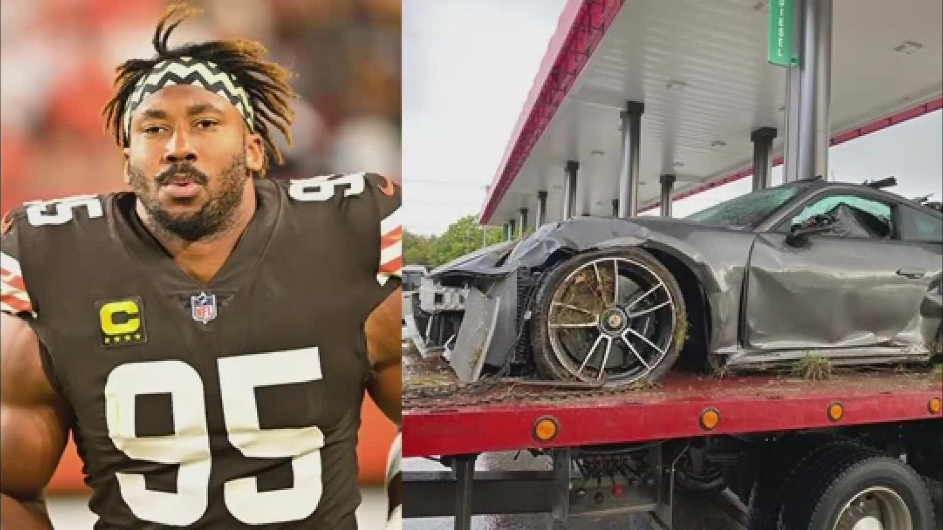 Cleveland Browns defensive end Myles Garrett and a female passenger suffered non-life-threatening injuries in a car crash on Monday afternoon.