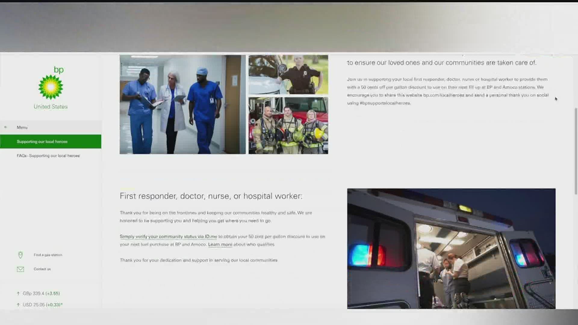 Gasoline Discount for Healthcare Workers and First Responders on the front line fighting COVID-19. BP gives discounts to many workers