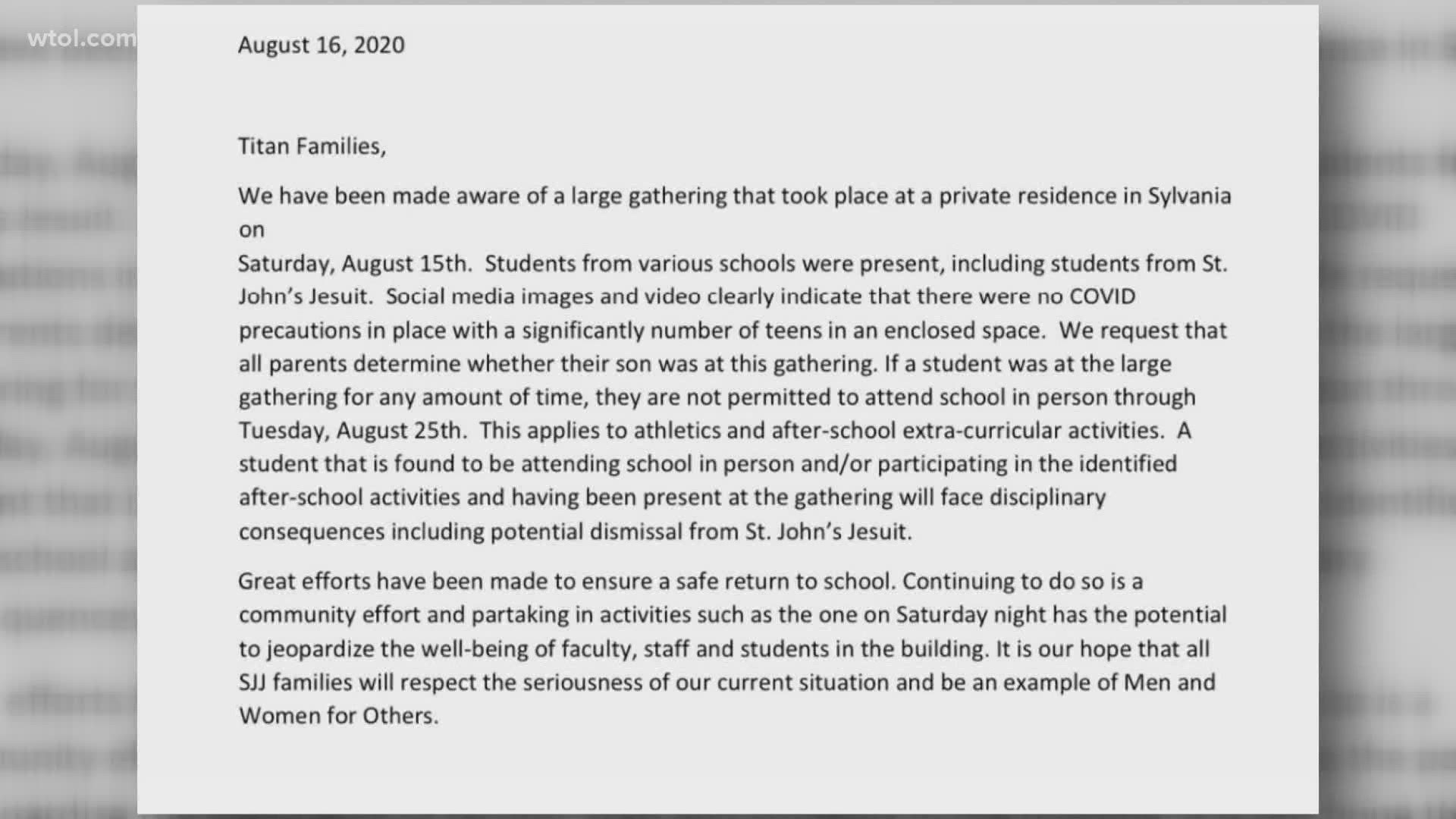 Students who attended the large party may face disciplinary actions, including potential dismissal from St. John's Jesuit, the letter said.