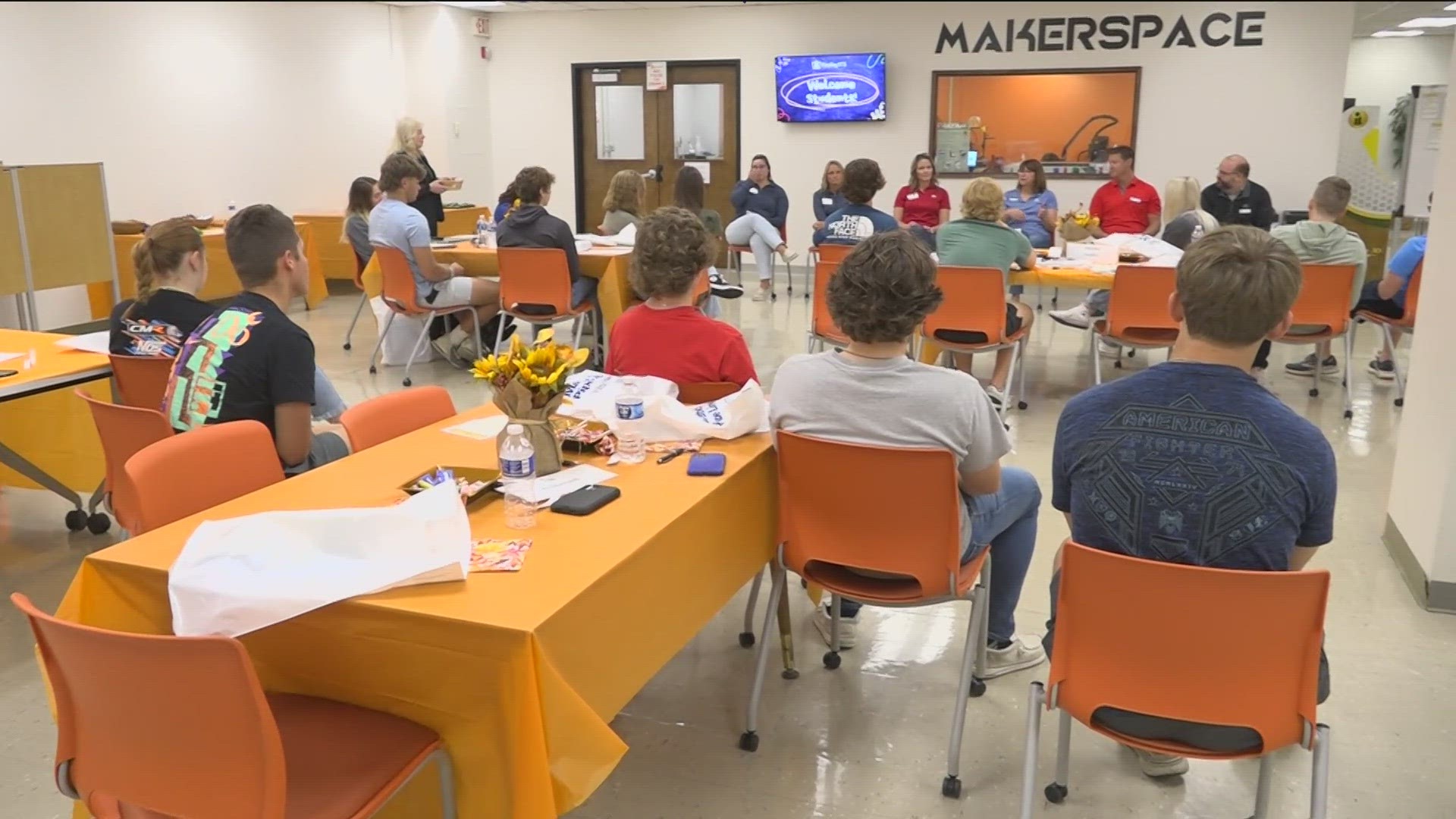 Marathon Petroleum employees visited the University of Findlay on Friday to meet College Credit Plus students from New Riegel High School.