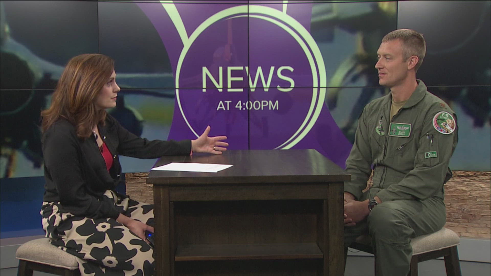 Major Phillip McCoy, an F-16 fighter pilot with the 180th Fighter Wing, talks with Amanda Fay about the training that will cause a loud sonic boom in the area.