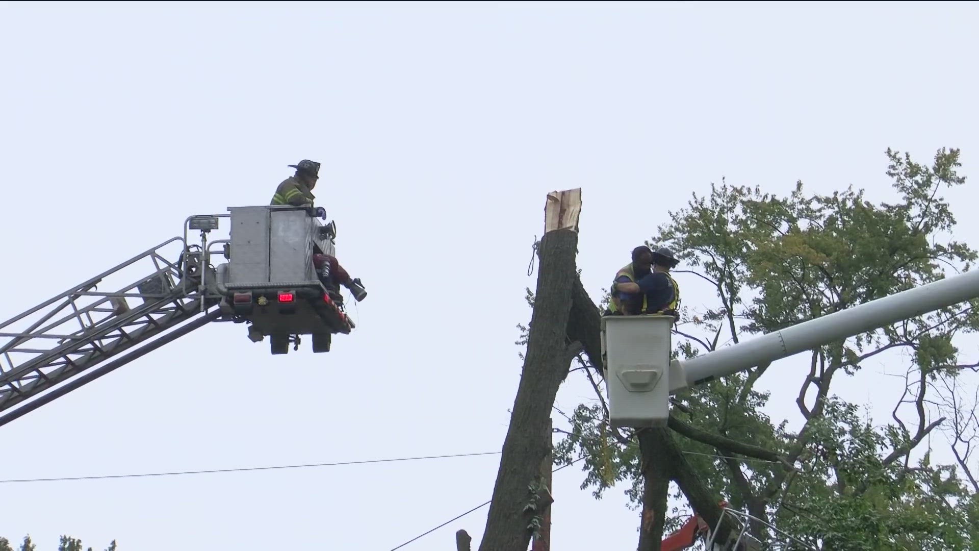 The worker was taken to the hospital after the boom lift got caught in the tree, trapping the worker.