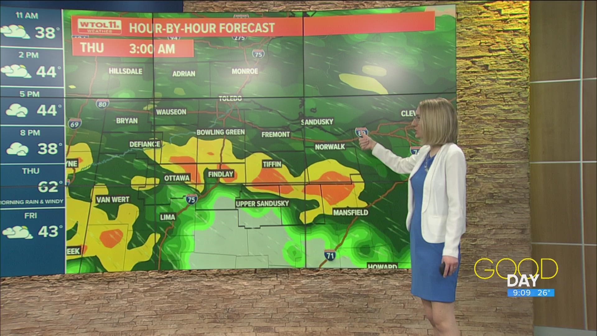 Expect temperatures to hover in the low 40s Wednesday morning ahead of a blustery and rainy - but warm - Thursday.
