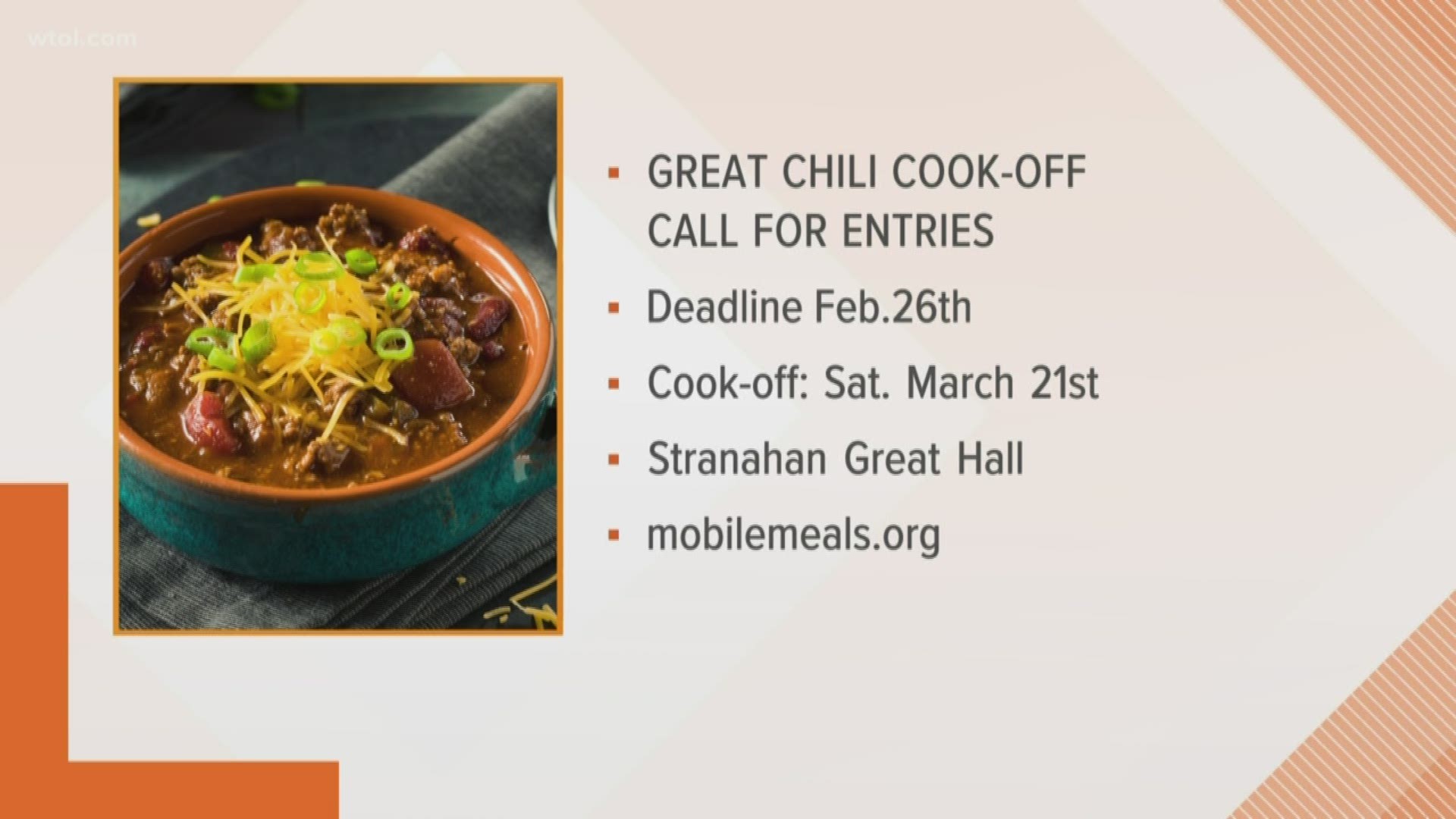 It's almost time for the 28th-annual Great Chili Cook-off to benefit Mobile Meals - have you perfected your chili recipe yet?
