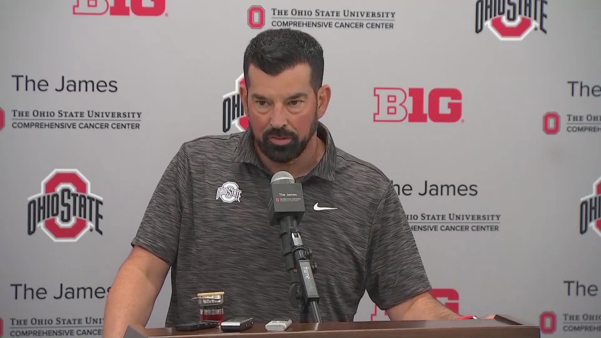 Ryan Day talks to the media ahead of Ohio State's season opener against Akron on Saturday, Aug. 31.