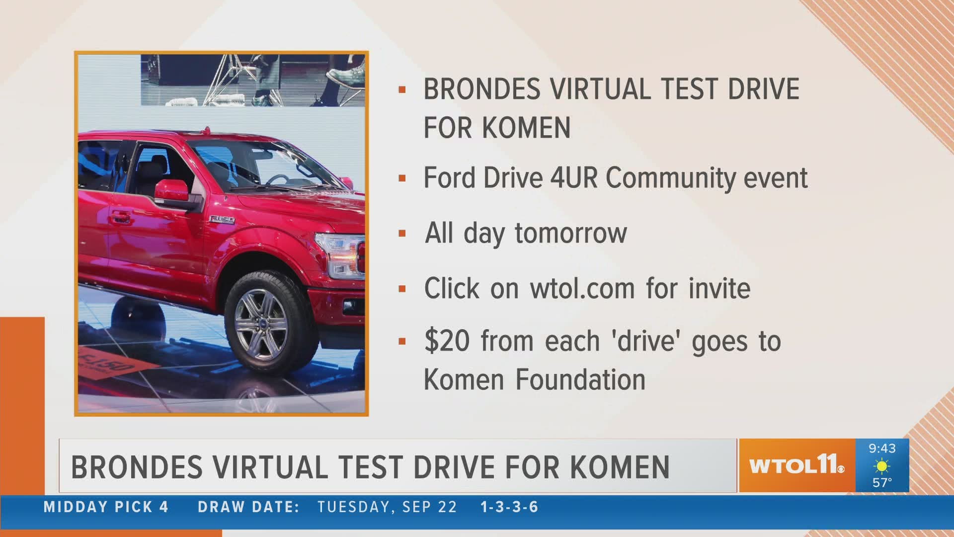 There's a first time for everything! Test drive a vehicle virtually with Brondes Ford to benefit Susan G. Komen Northwest Ohio!