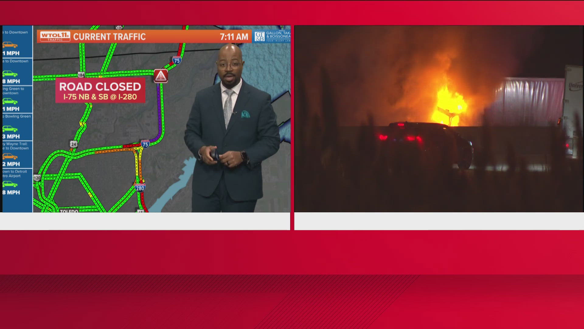 An overnight crash completely shut down all traffic in 75. This is the view of a burning semi at 75 southbound near the 280 split. One person was killed. 