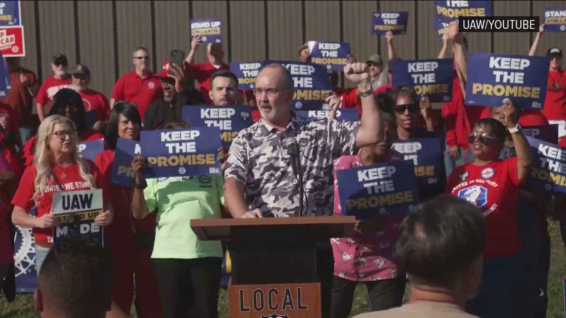 UAW President Shawn Fain and workers at Sterling Heights Assembly Plant rallied Thursday to send a message to Stellantis.