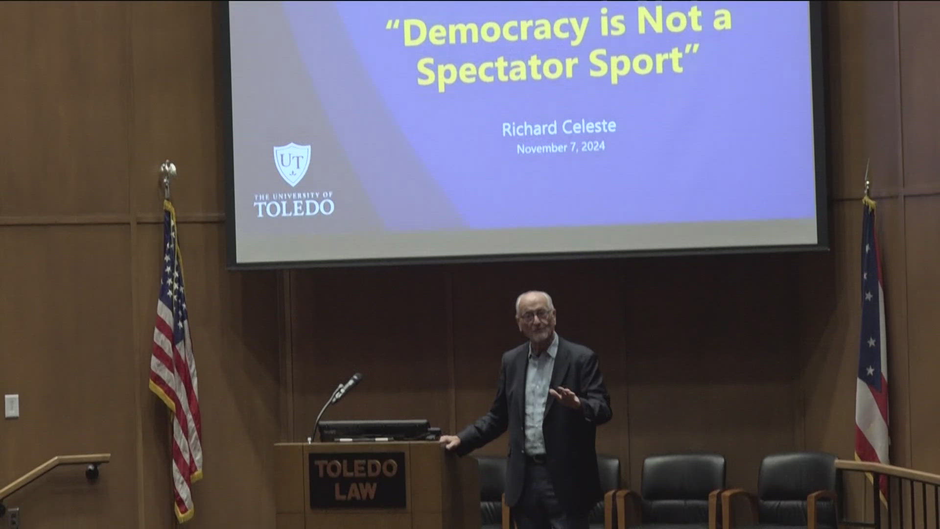 Dick Celeste in a lecture at UToledo Thursday urged participating in democracy and avoiding divisivion as Ohio continues to shift from a swing state to a red state.