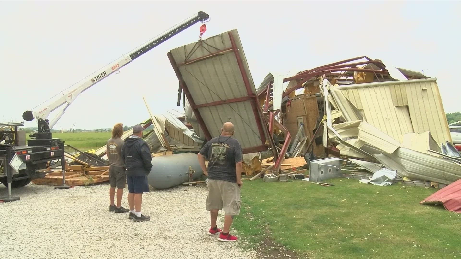 The damage stretched along Hetrick Road between OH-12 and Mud Creek Road, damaging a dozen homes and many barns.