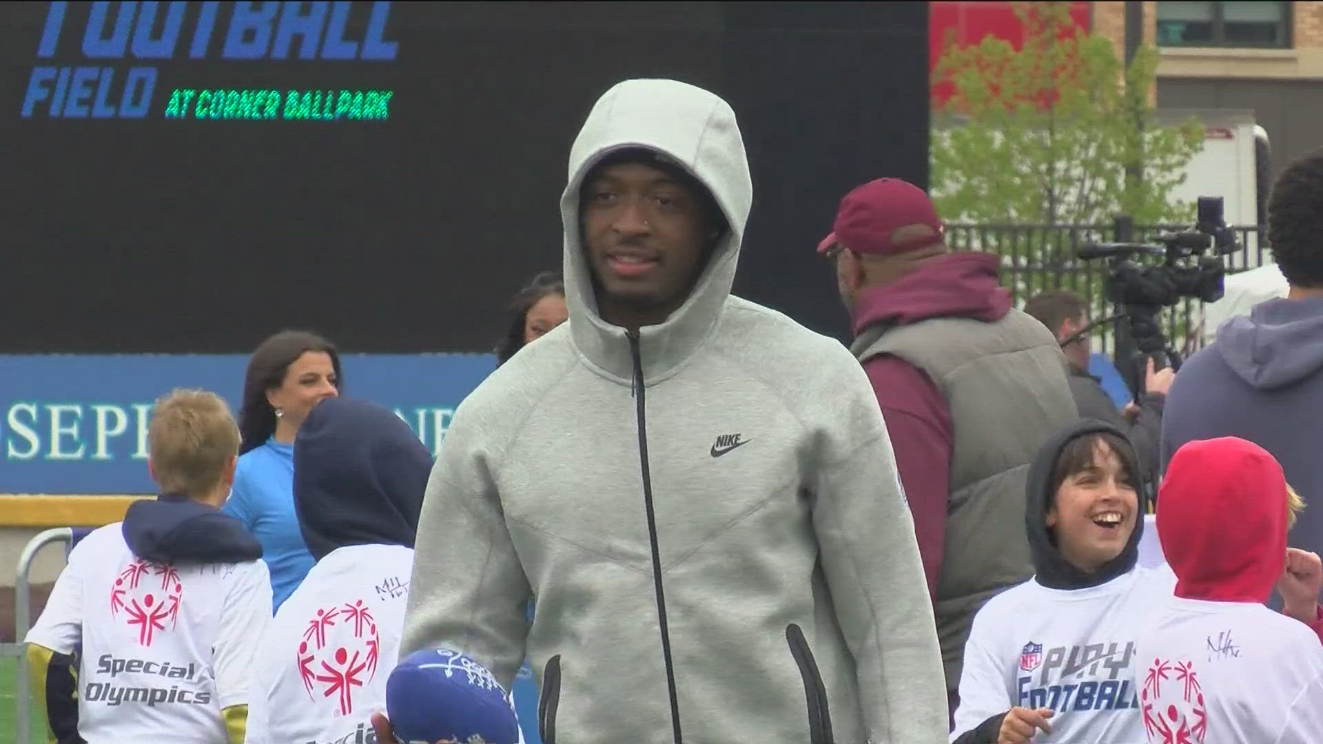 Former Toledo cornerback Quinyon Mitchell joined NFL prospects for a football clinic with Special Olympics athletes in Detroit on Wednesday.