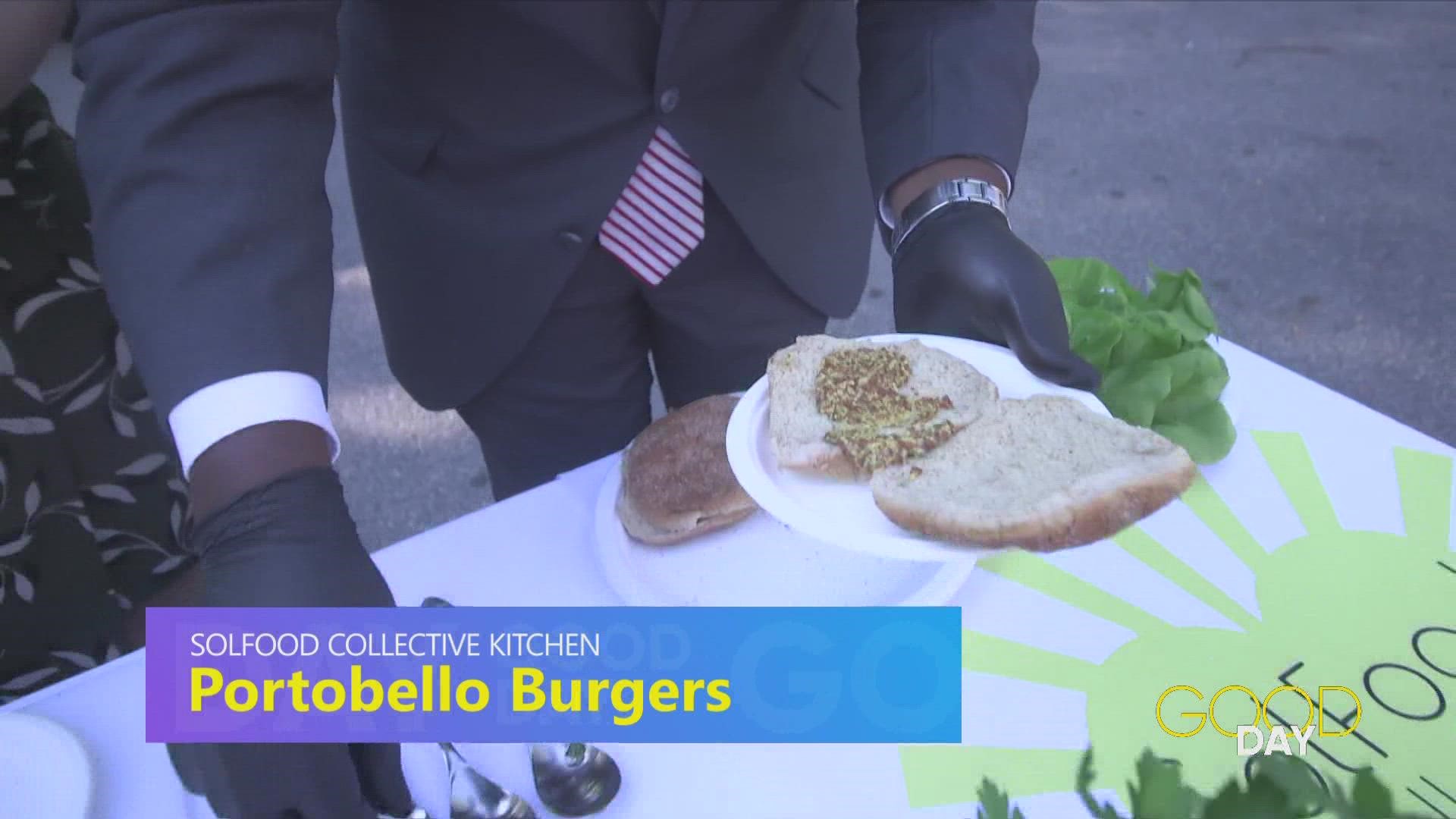 Jaquelyn Jones shows Amanda and Steven how to make portabella burgers.
