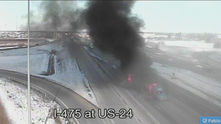 Semi truck crash, fire closes I-475 at US 24