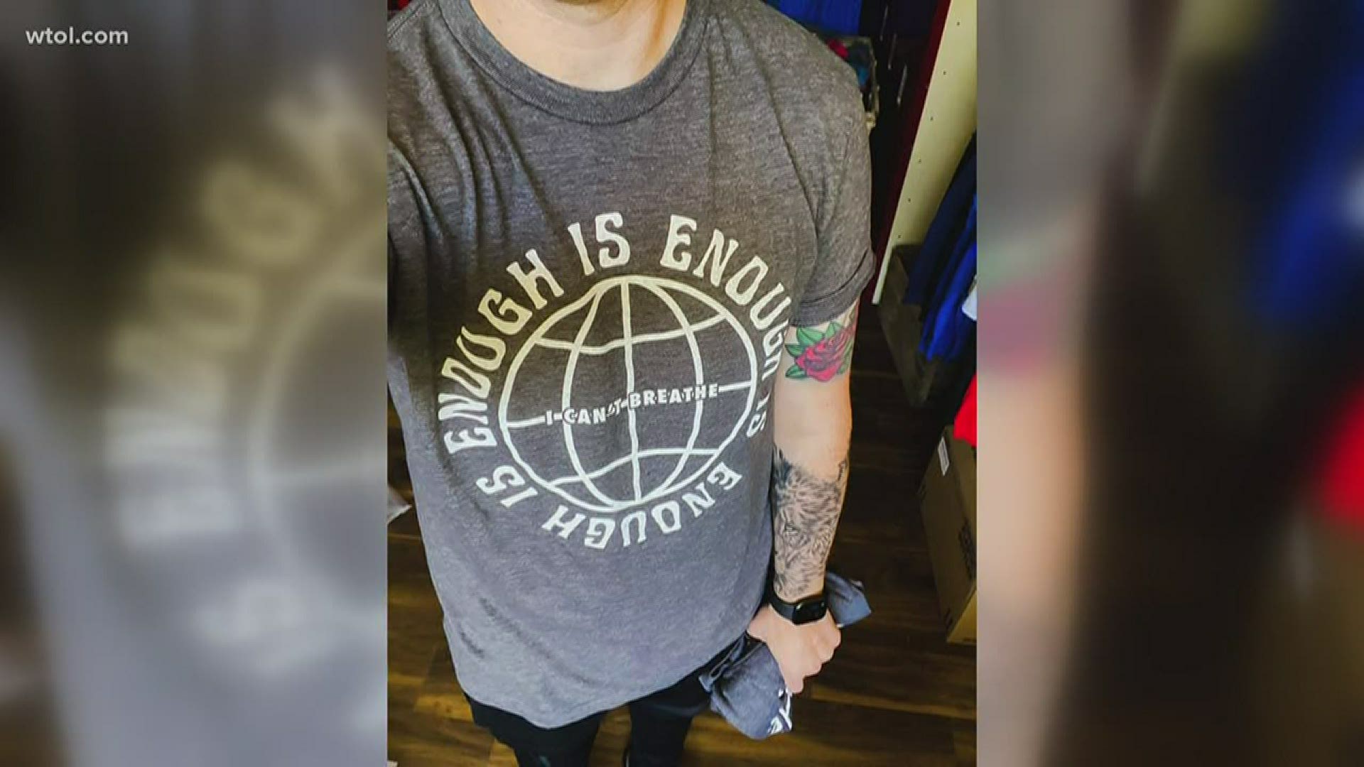 The 'Enough is Enough' shirts were also handed out for free to downtown Findlay protesters.
