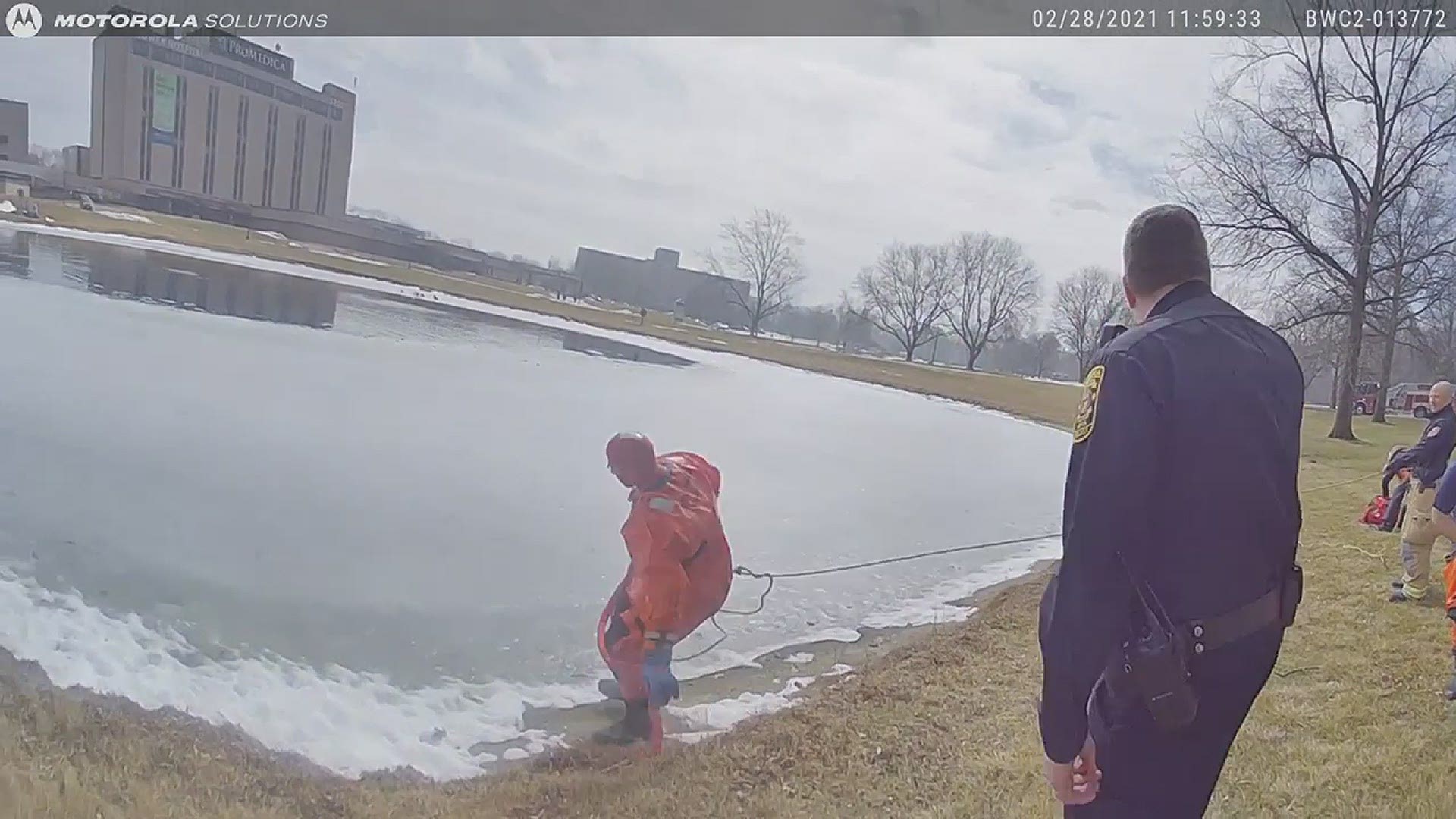 Members of the Sylvania Township Fire Department worked to rescue the dog from a partially frozen pond.