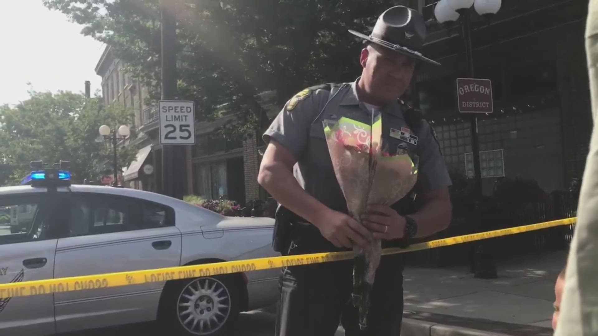 On a day when we saw the worst humanity has to offer, here’s some of the best: a mother and her young children give an Ohio State Highway Patrol trooper flowers to say thank you for their service here in Dayton.