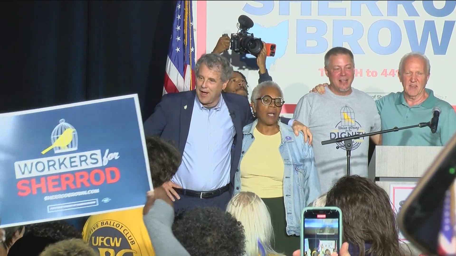 U.S. Sen. Sherrod Brown spoke with union workers at the UAW Local 12 hall, while, Derek Merrin, a candidate for Congress spoke, at the Toledo Express Airport.