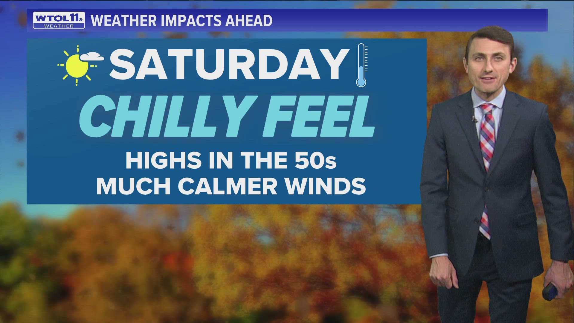 High temperatures on Saturday will be in the upper 50s. Winds will turn calmer with high-pressure overhead.