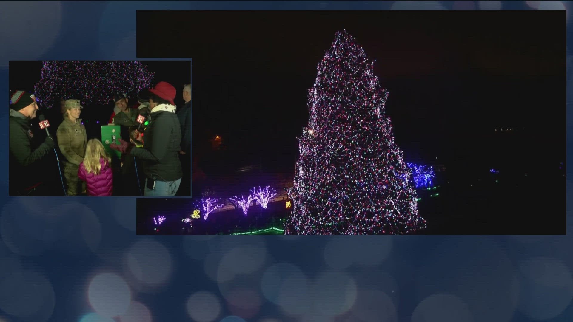 Service members with the 180th Fighter Wing do the honors, with help from their kids, at the Norway spruce for the Toledo Zoo's Lights Before Christmas.