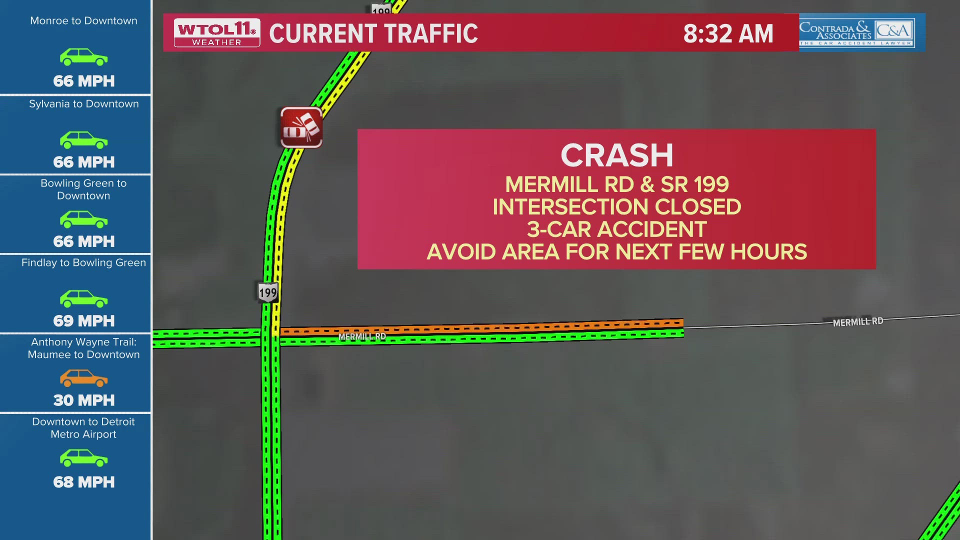The crash occurred at Mermill Road and SR 199. The intersection is closed.