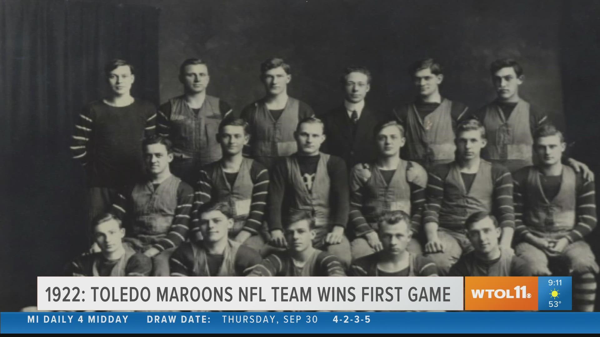 In 1922, the Toledo Maroons NFL team wins 15-0 in their first game against the Evansville-Crimson Giants at Armory Park in Toledo.