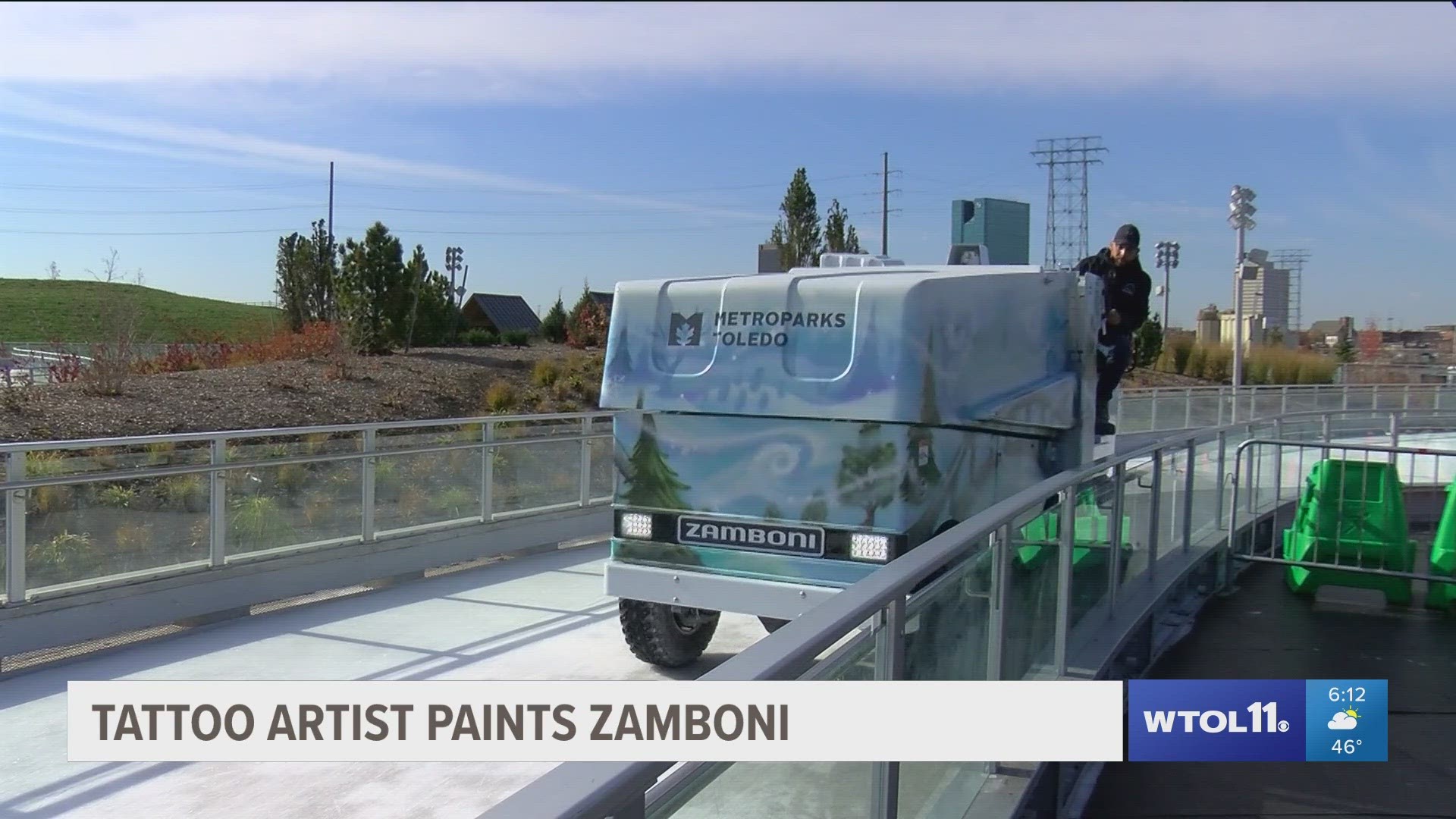 Popular Toledo tattoo artist and muralist Tony Touch painted Metroparks Toledo mascot Boggs the Leopard Frog on the recently purchased Zamboni.