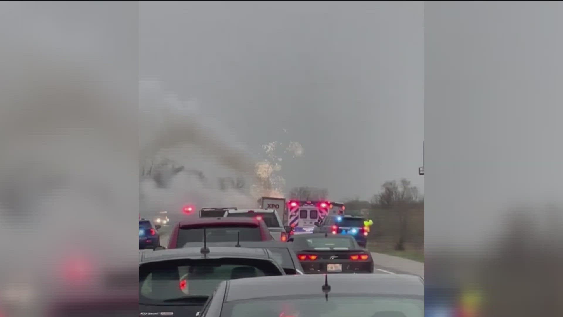 Viewer Rae Mirah sent WTOL 11 video of the incident. Police say a tractor-trailer carrying fireworks caught fire Friday morning.