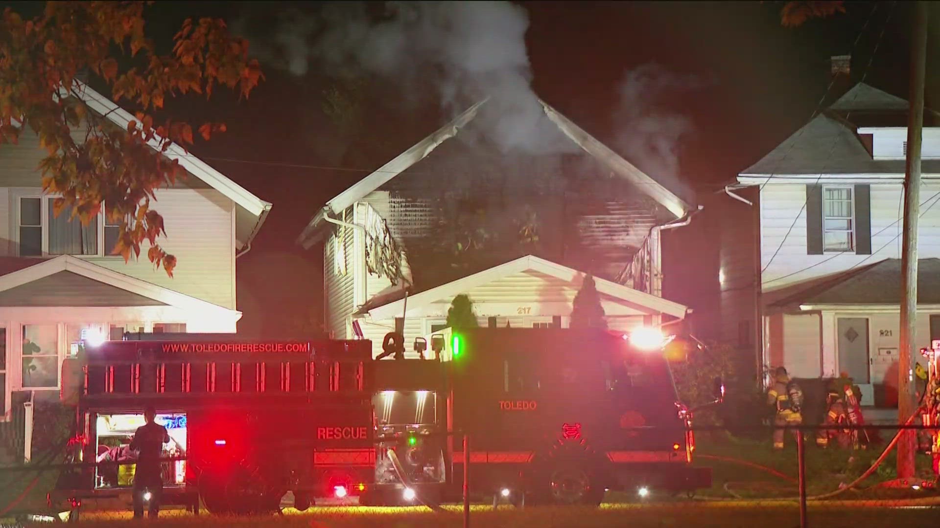 A family that lives there wasn't home when the fire began, according to emergency crews at the scene.