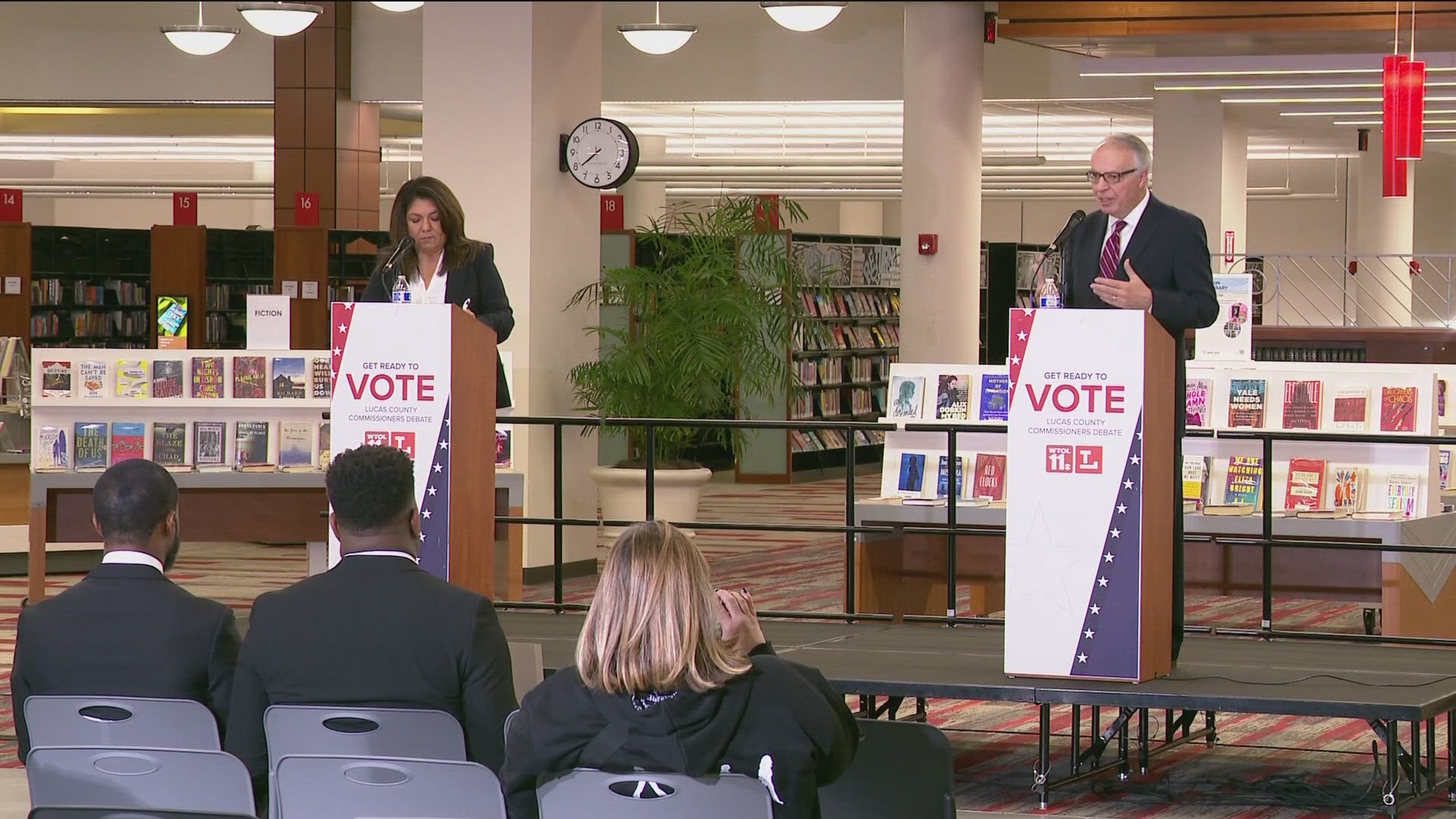 Commissioners President Pete Gerken faced off with challenger Tom Waniewski while Commissioner Anita Lopez debated challenger John Rozic.