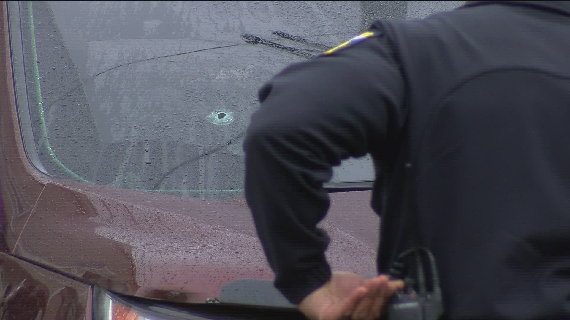 The man was shot while sitting in a car along Broadway Street Thursday afternoon.