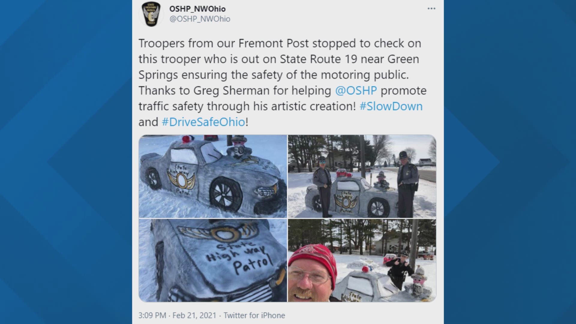 Ohio State Highway Patrol troopers posed with a miniature version of themselves on Sunday, keeping track of speeders on State Rt. 19 outside Green Springs.
