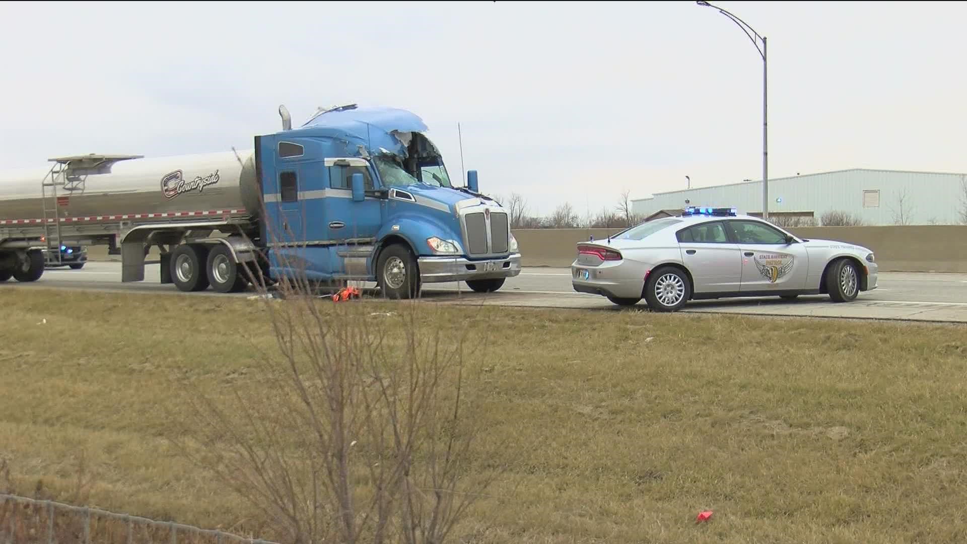 A southbound truck lost tires on I-280 Tuesday afternoon. The tires crossed the median and collided with the cab of a tanker truck heading northbound in Lake Twp.