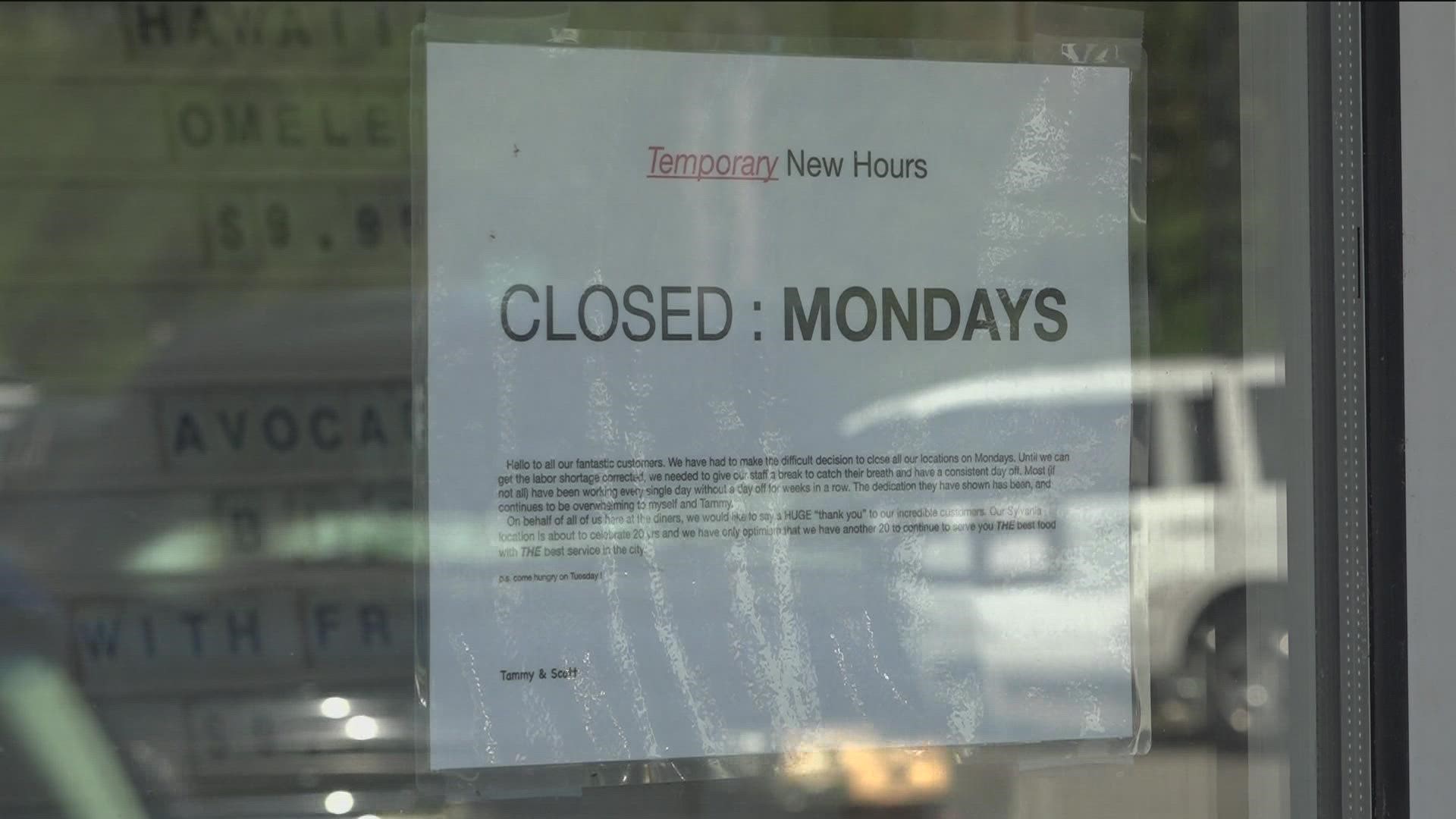 Mayberry Diner owner Scott Super says they close the restaurant on Mondays now. Souk Mediterranean Kitchen has also had to make changes too due to staffing.