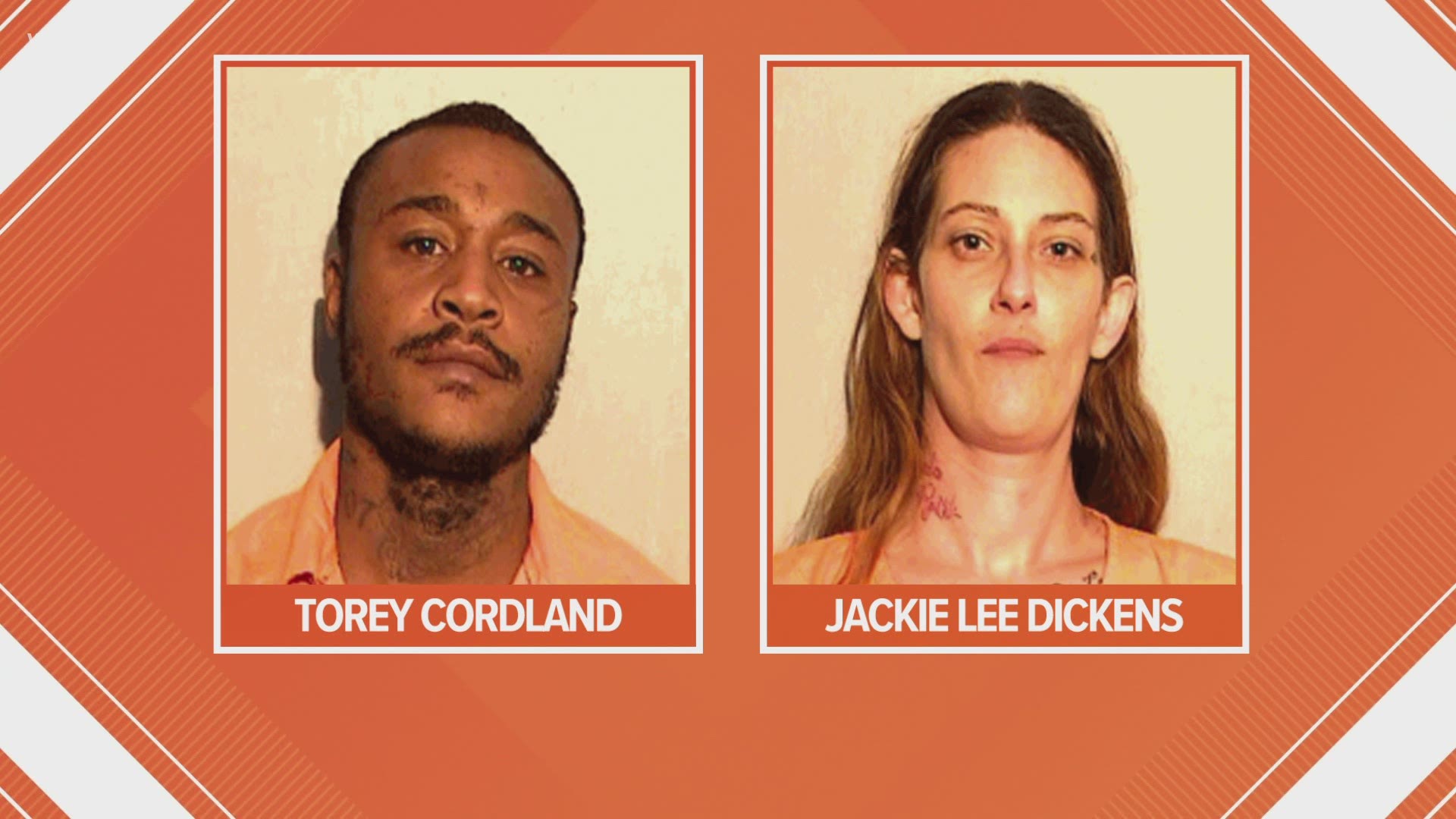 Jackie Dickens and Torey Cordland were arrested after allegedly holding a woman in a locked room for several days. Dickens burned part of the woman's head and hair.